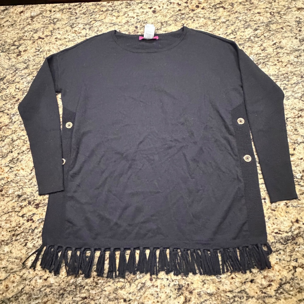 Lilly Pulitzer Black Fringe Hem Sweater Gold Button Side Detail Small ws